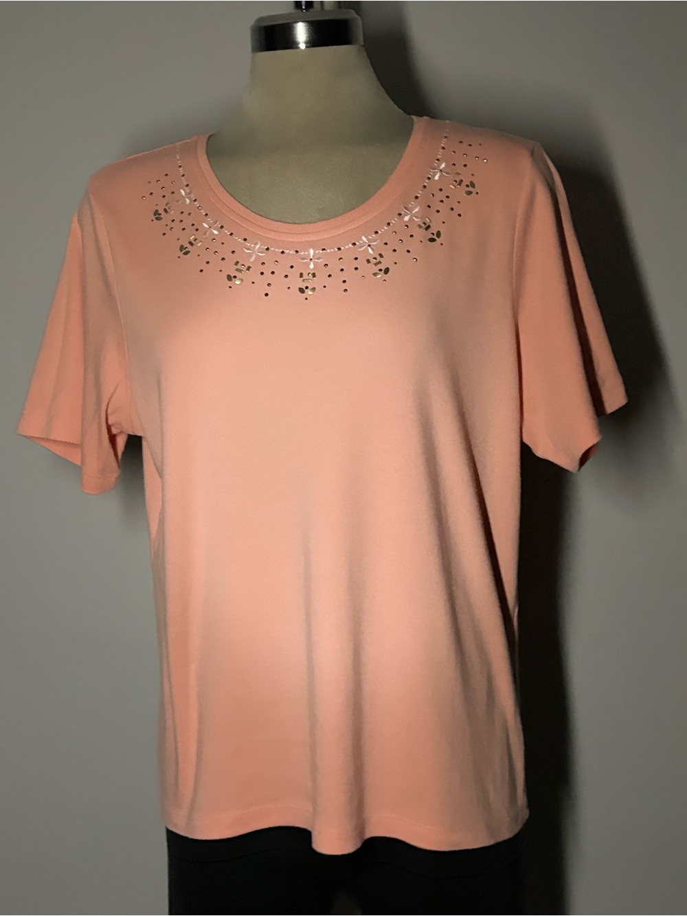 Alia Peach Short Sleeve Tee with Rhinestone Accent